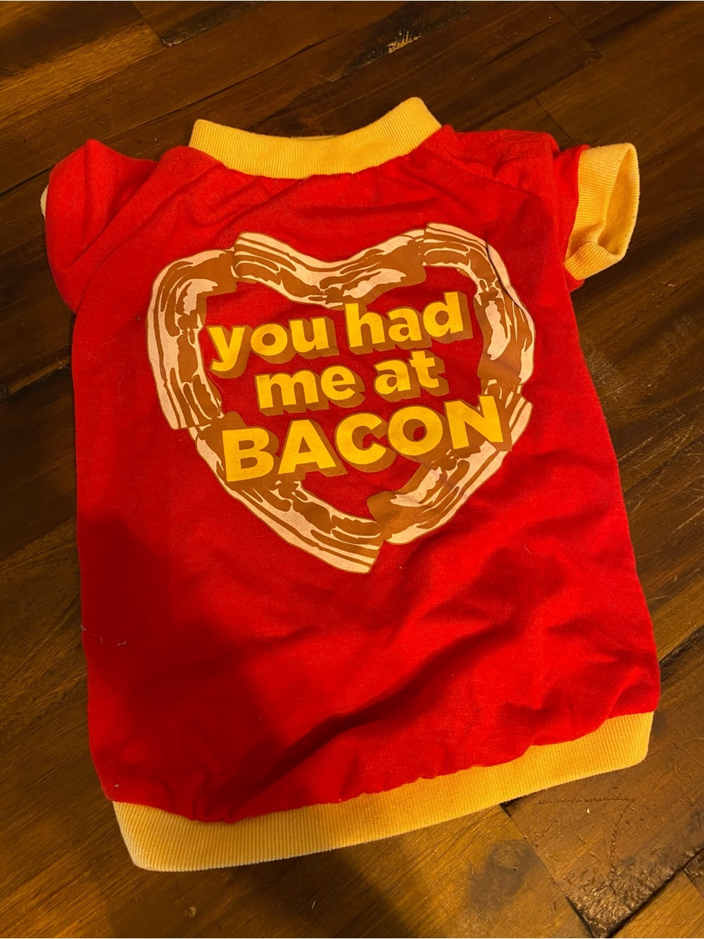 Dog Shirt 'You Had Me at BACON' Graphic Tee with Yellow Trim